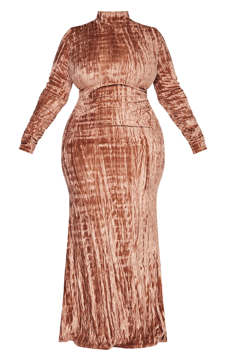 Plus Brown Textured Velvet Longsleeve Maxi Dress image 3