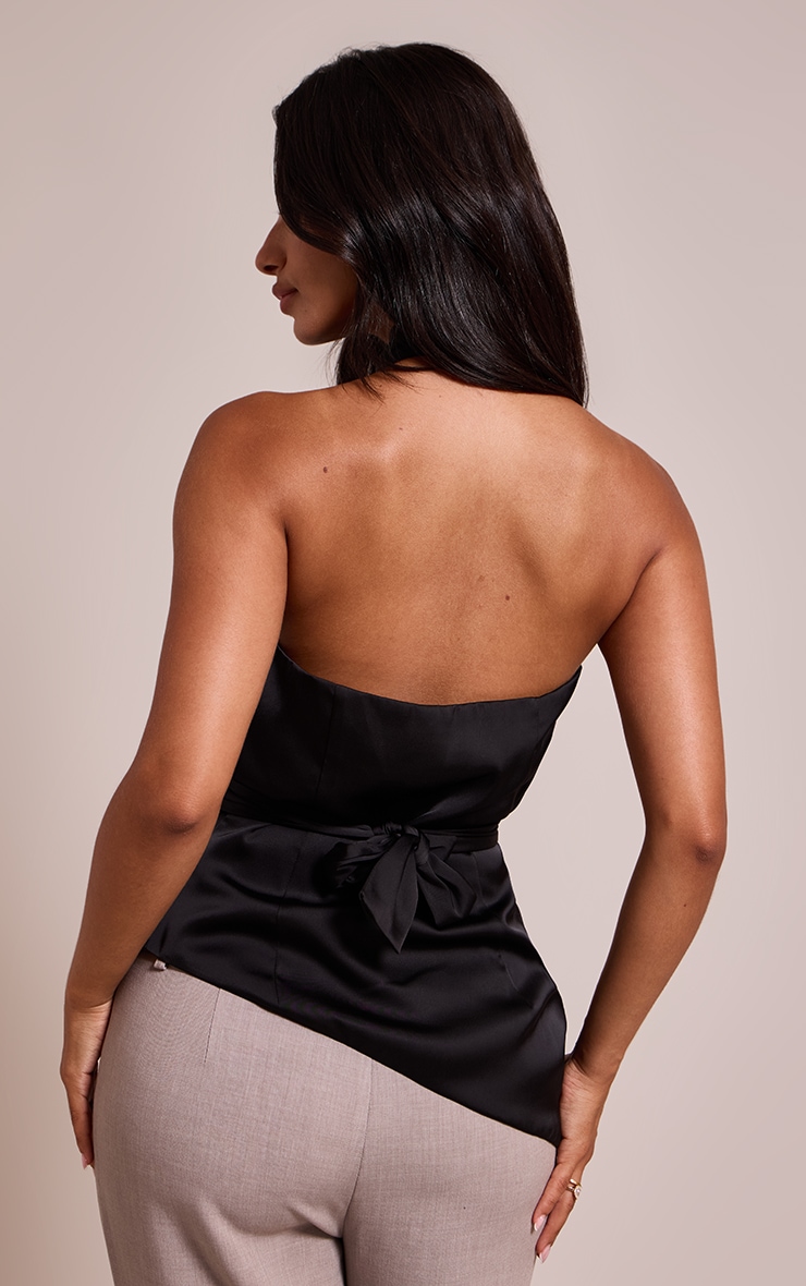 Petite Black Tie Detail Satin Cowl Ruched Top image 2