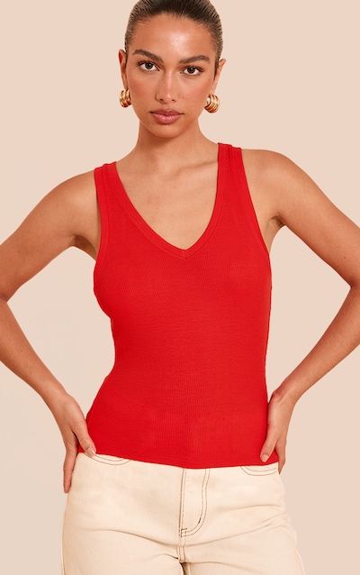 Tomato Red Soft Rib V Neck Vest Top