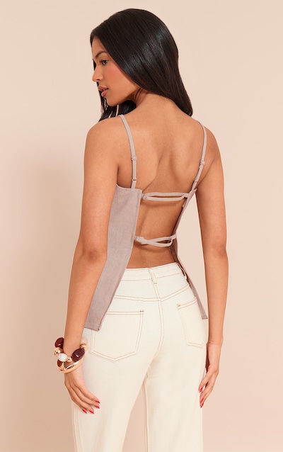 Tall Taupe Linen Look Blend Back Detail Long Cami Top