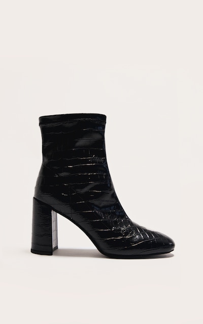 Black Croc Pu Round Toe Heeled Ankle Sock Boots