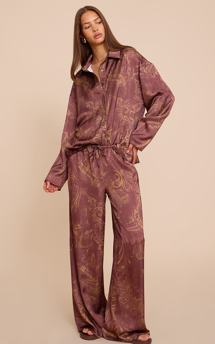 Brown Paisley Printed Satin Shirt image 3