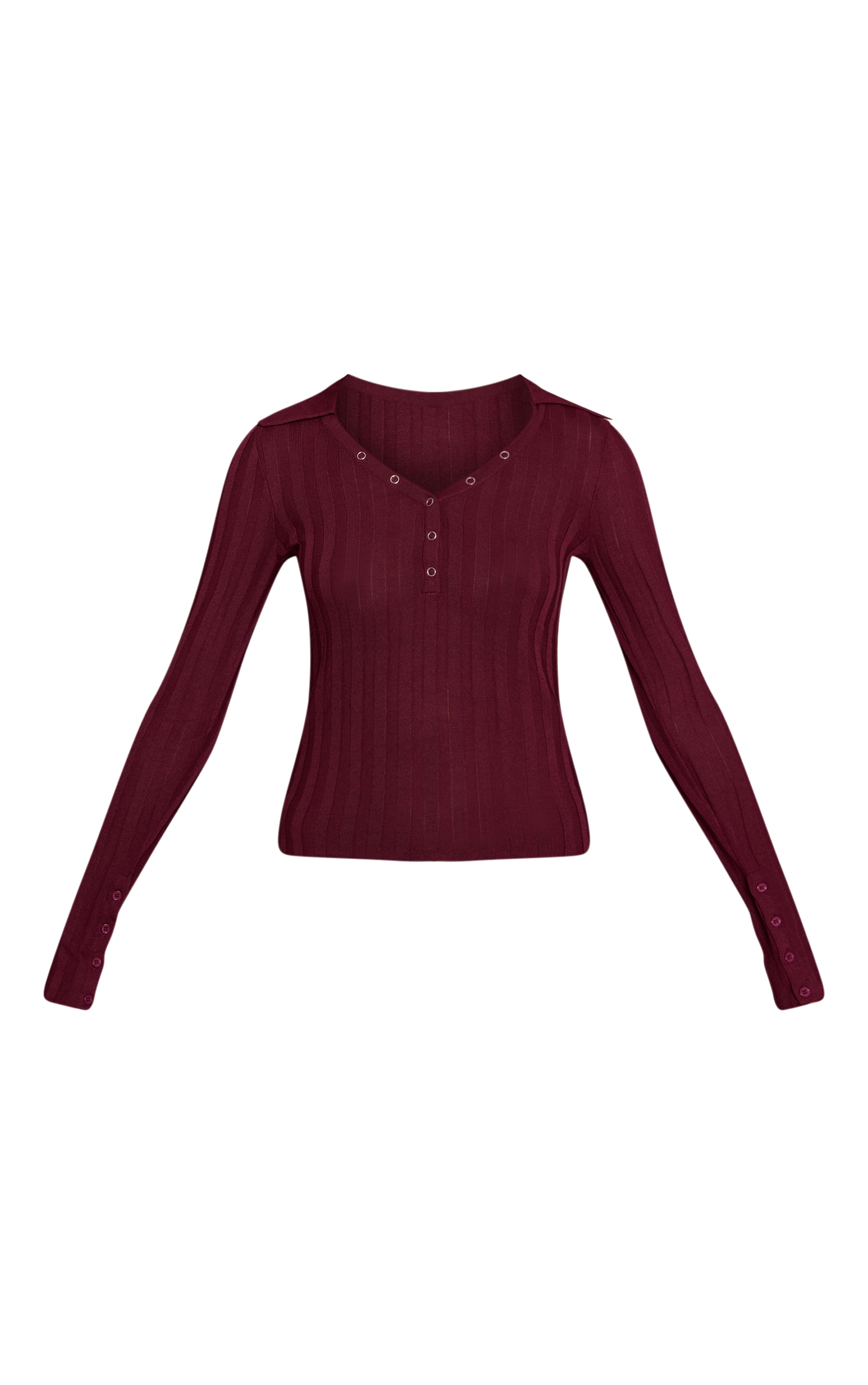 Burgundy Ribbed Sheer Knit Polo Top image 5