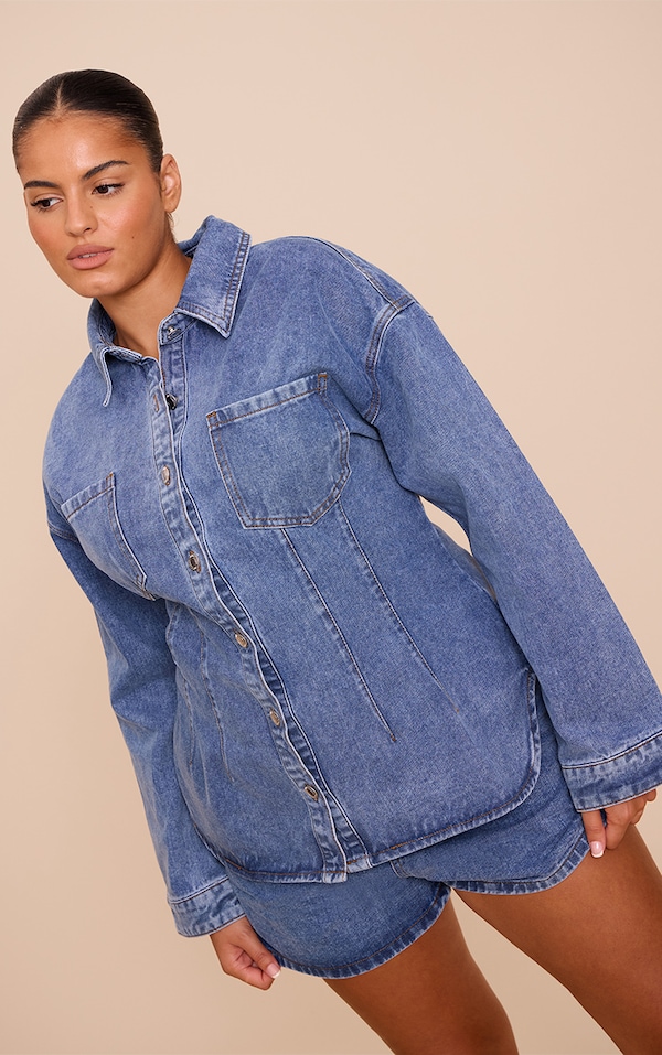 Plus Mid Blue Wash Seam Detail Cinch Waist Longline Shirt
