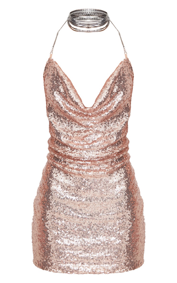 Rose Gold Sequin Chain Choker Mini Dress PrettyLittleThing