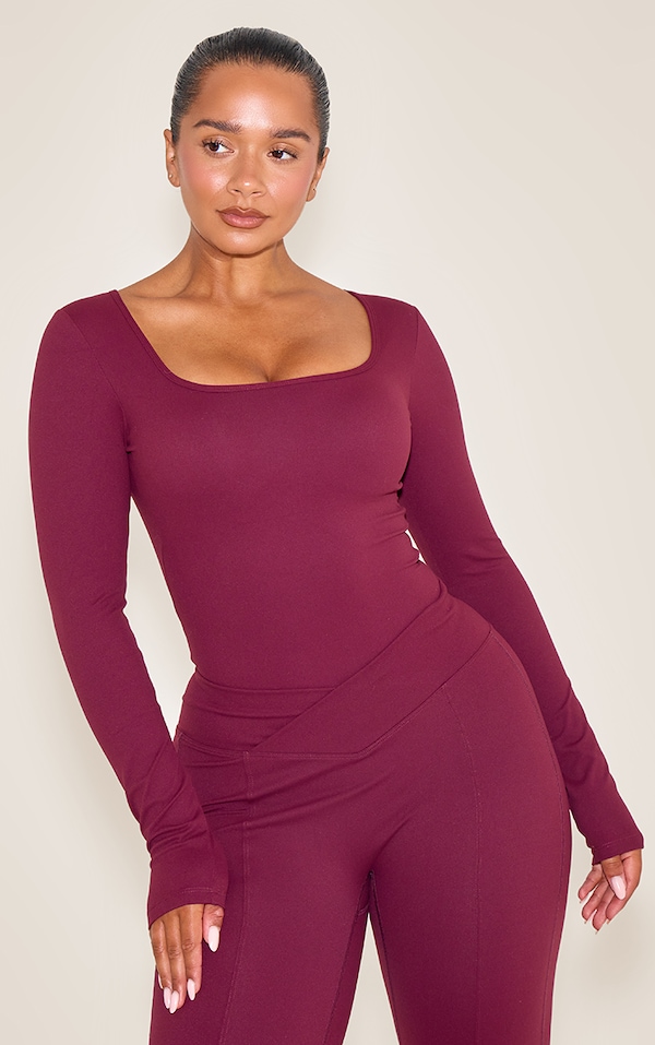 Shape wine Built In Bra Sculpt Square Neck Long Sleeve Bodysuit