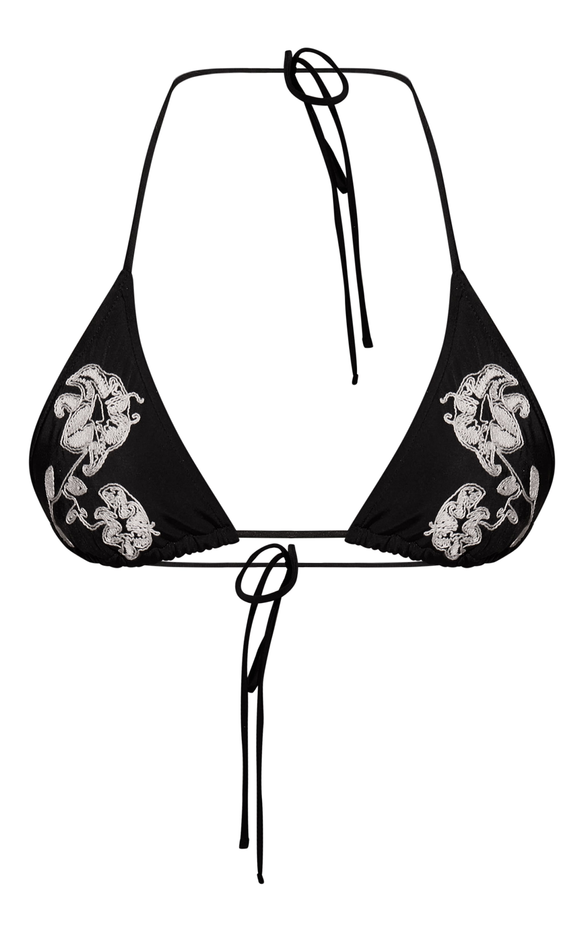 Black Contrast Embroidered Flower Triangle Bikini Top image 5