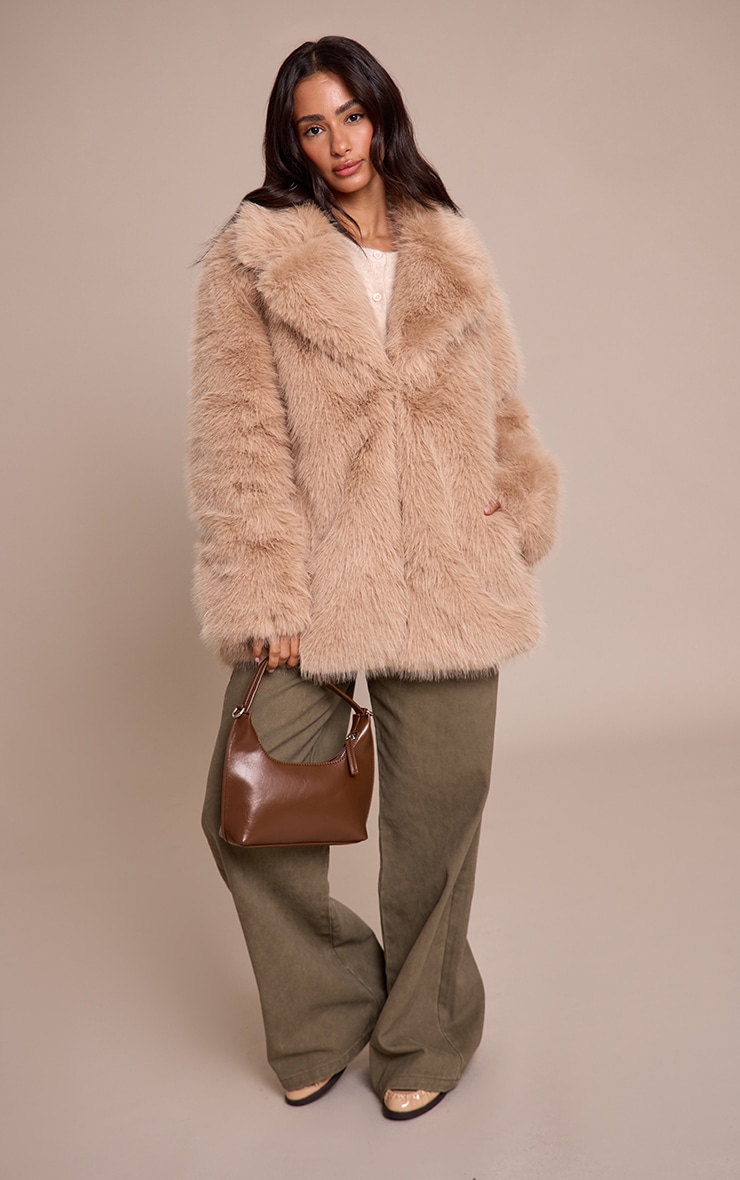 Petite Beige Oversized Midi Faux Fur Coat image 3