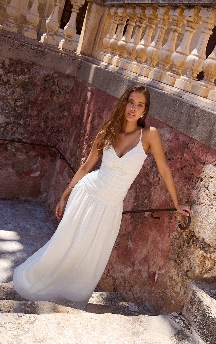 Almond Chiffon Ruched Dropped Waist Maxi Dress image 1