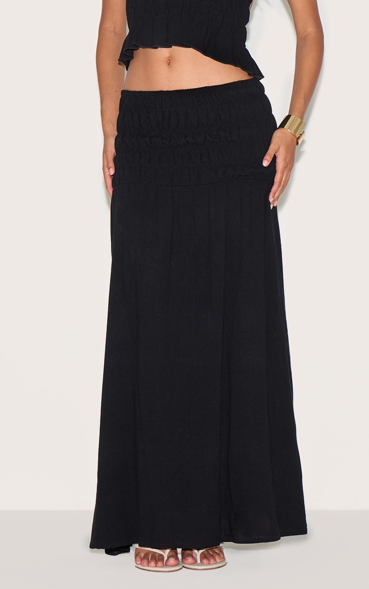 Black Shirred Linen Look Panel Mid Rise Maxi Skirt image 2