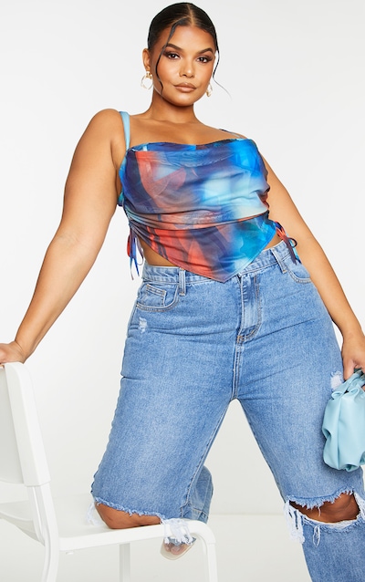Plus Blue Abstract Print Mesh Layered Corset Top