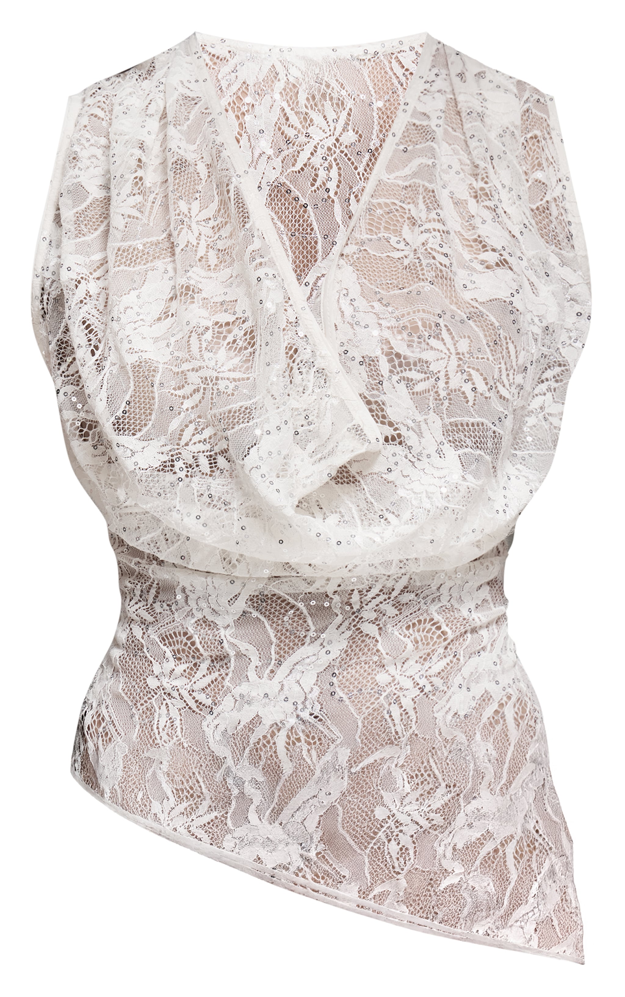 Cream Sequin Lace Sleeveless Cowl Front Top image 5