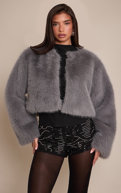 Grey Cropped Faux Fur Coat