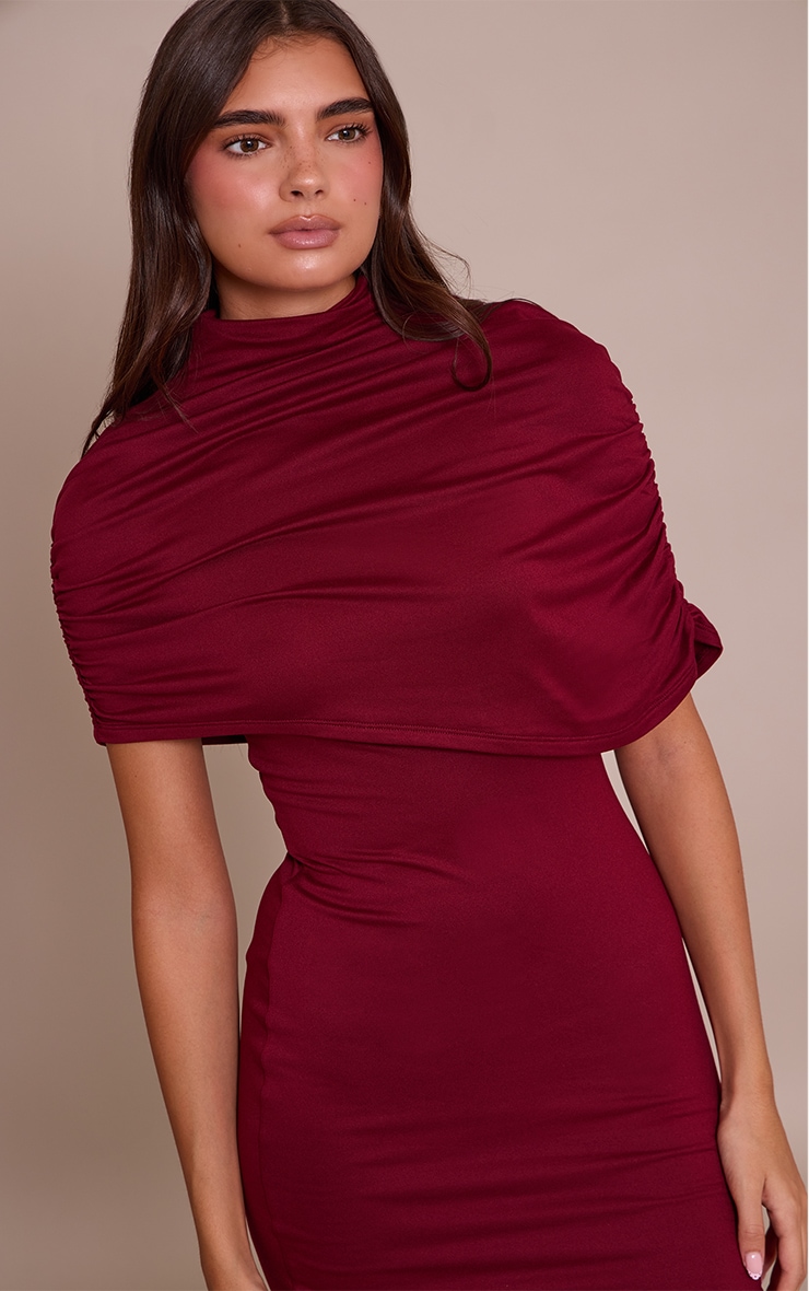 Burgundy Double Contour Asymmetric Overlay Detail Bodycon Dress image 4