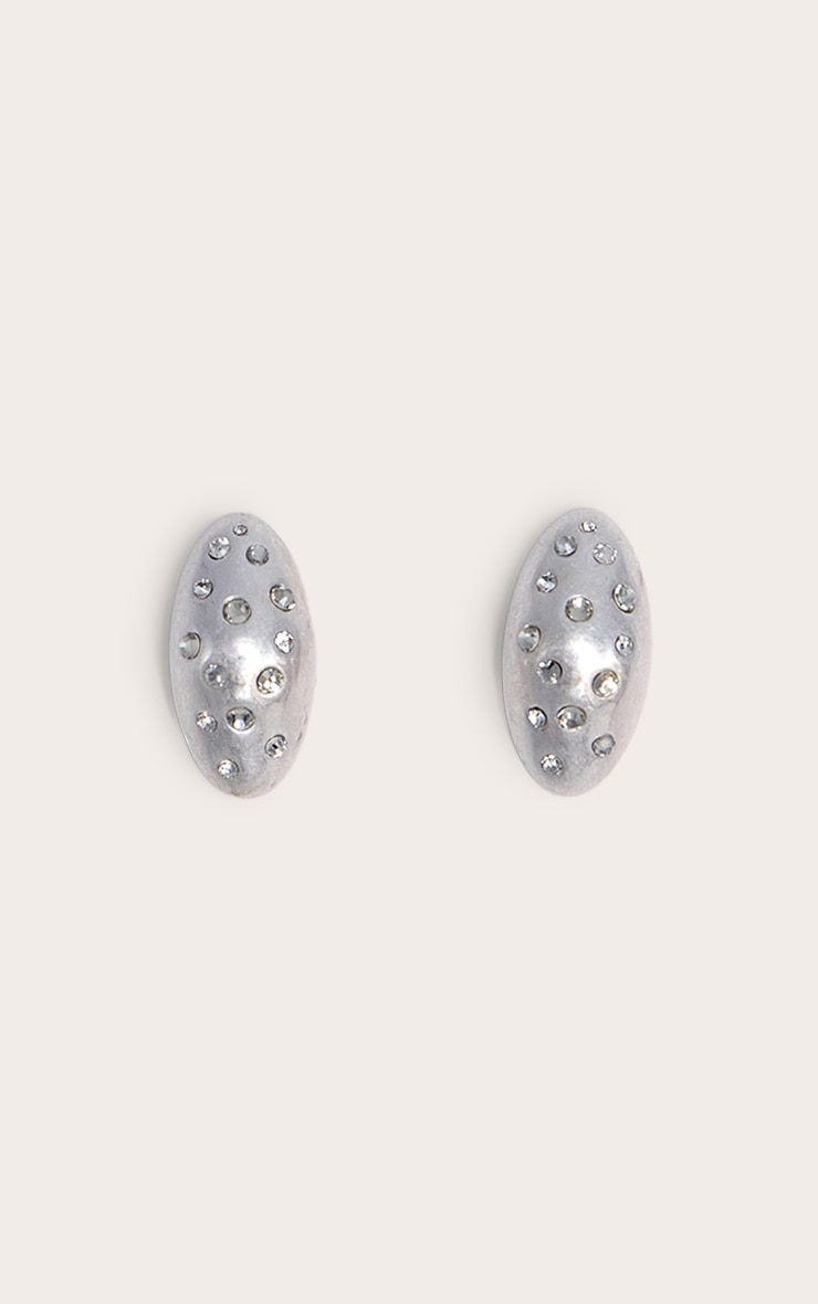 Silver Brushed Dome Diamante Stud Earrings image 2