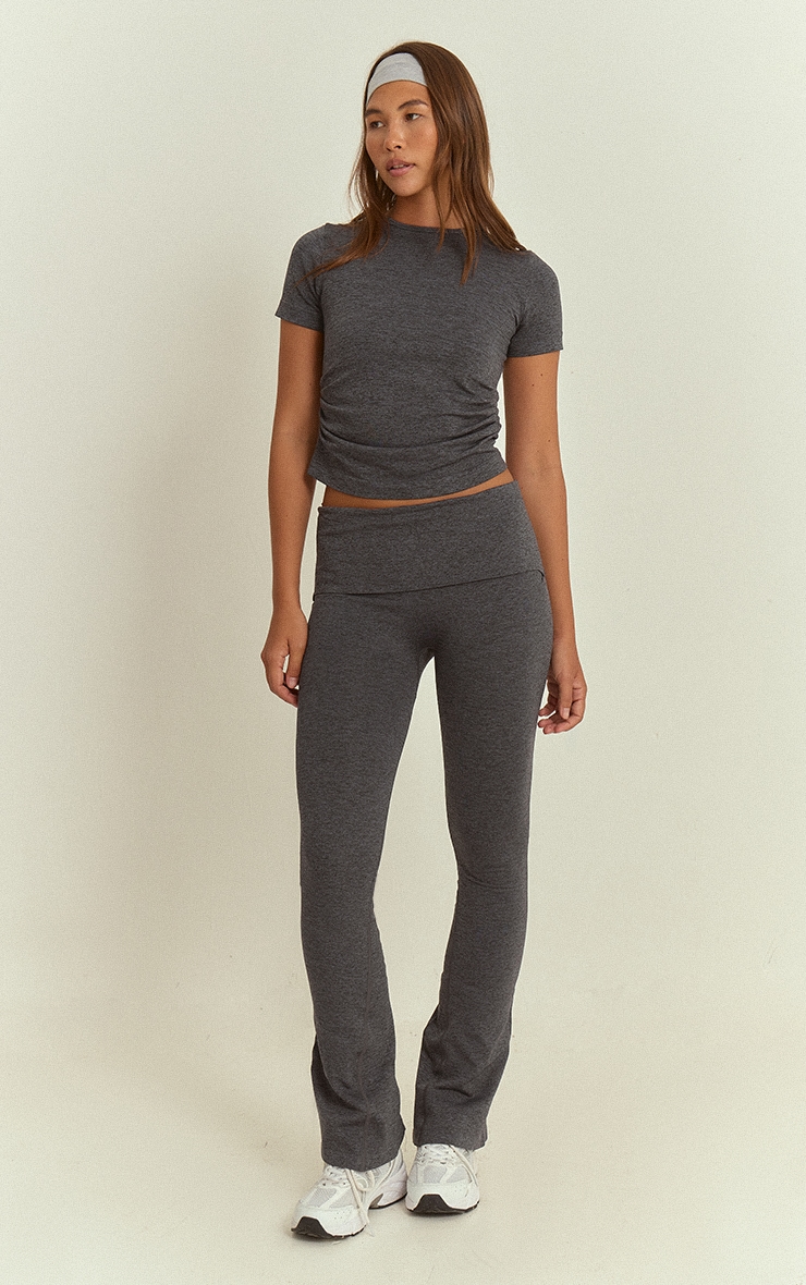 Pantalon de yoga gris anthracite chiné sans coutures à taille repliée
