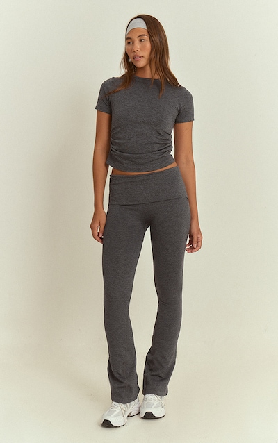 Pantalon de yoga gris anthracite chiné sans coutures à taille repliée