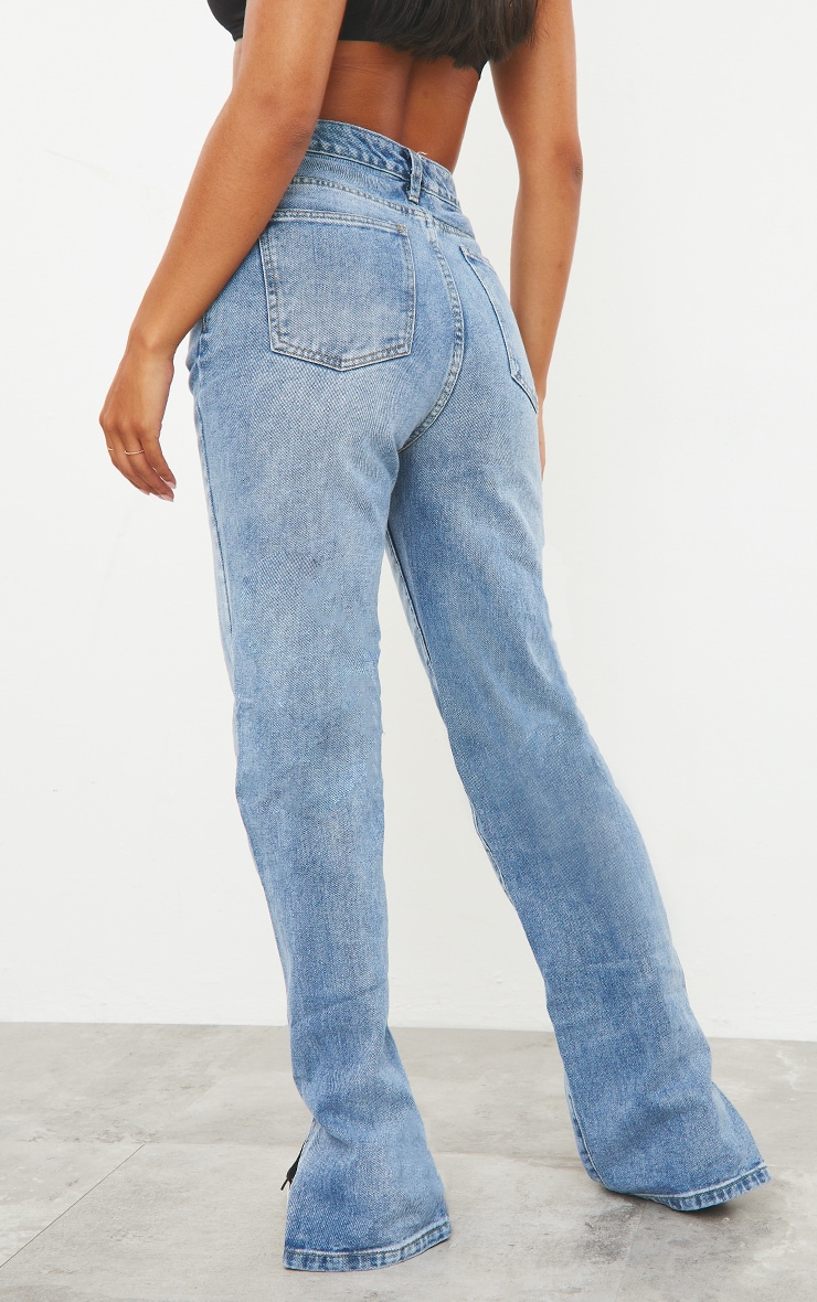 Mid Blue Wash Split Hem Straight Leg Jeans image 3