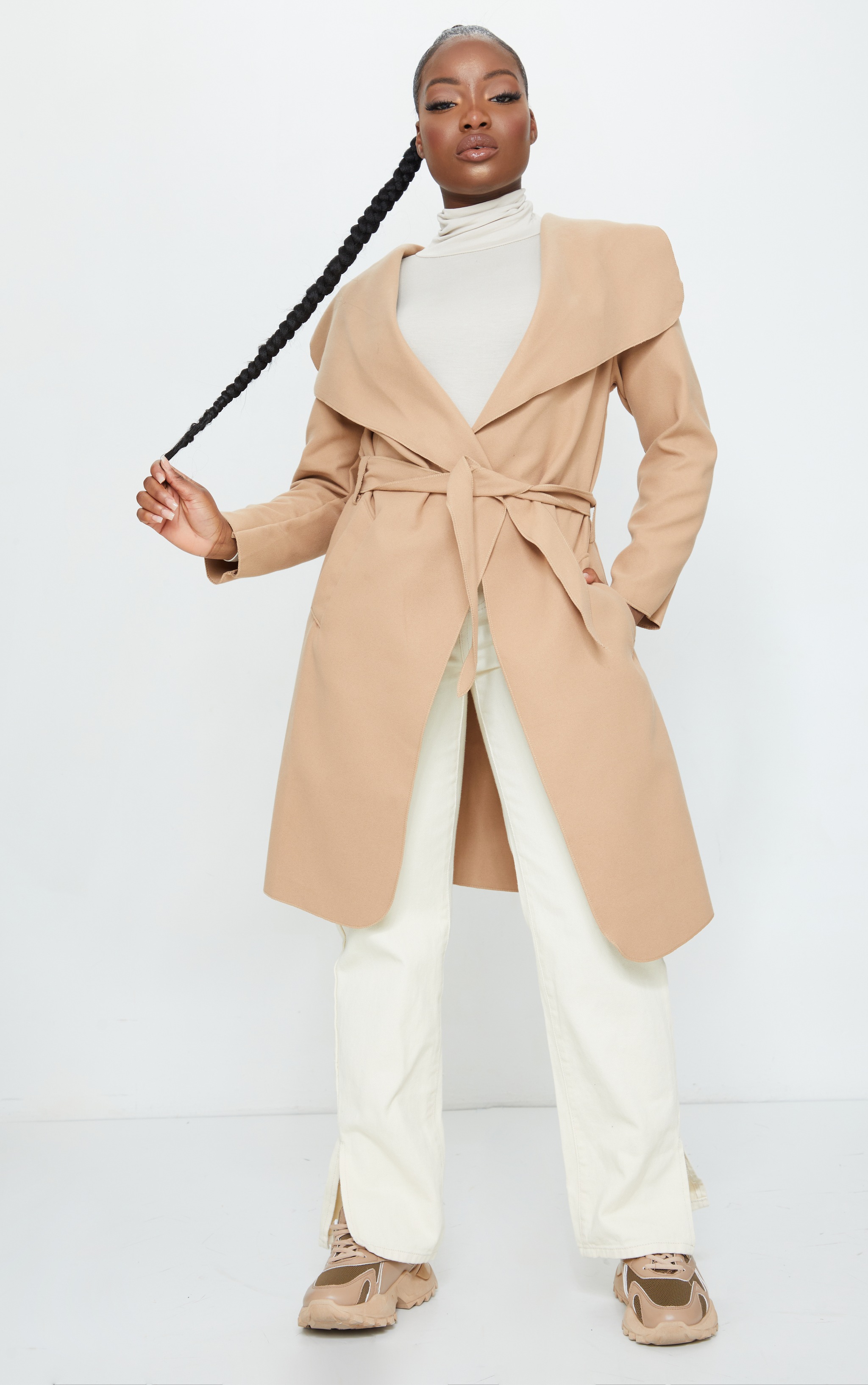Petite Camel Oversized Waterfall Belt Coat
