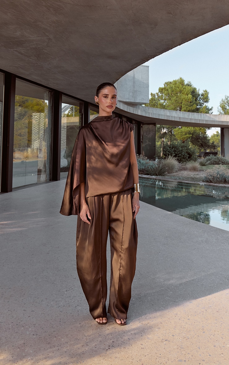Dark Chocolate Satin One Sleeve Draped Top image 4