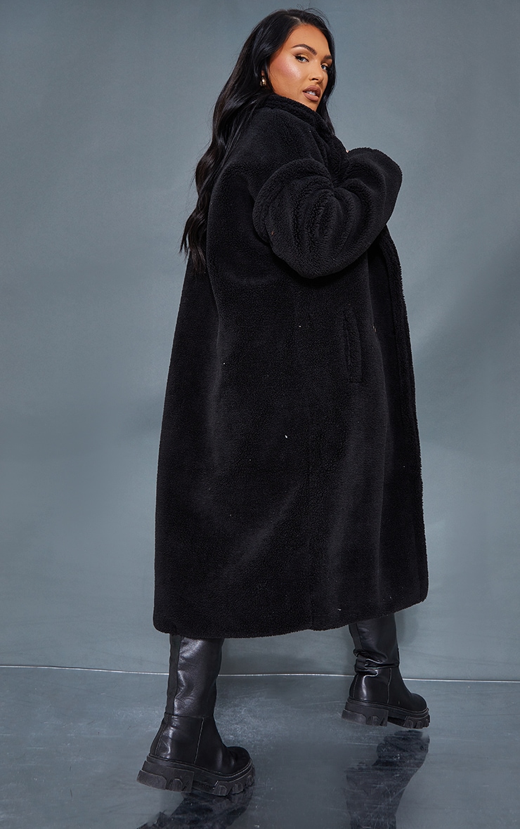 Black Teddy Bear Borg Coat Outerwear PrettyLittleThing QA