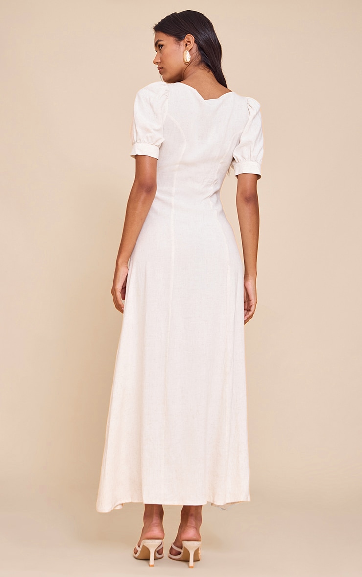 Natural Linen Look Button Puff Sleeve Midaxi Dress image 2