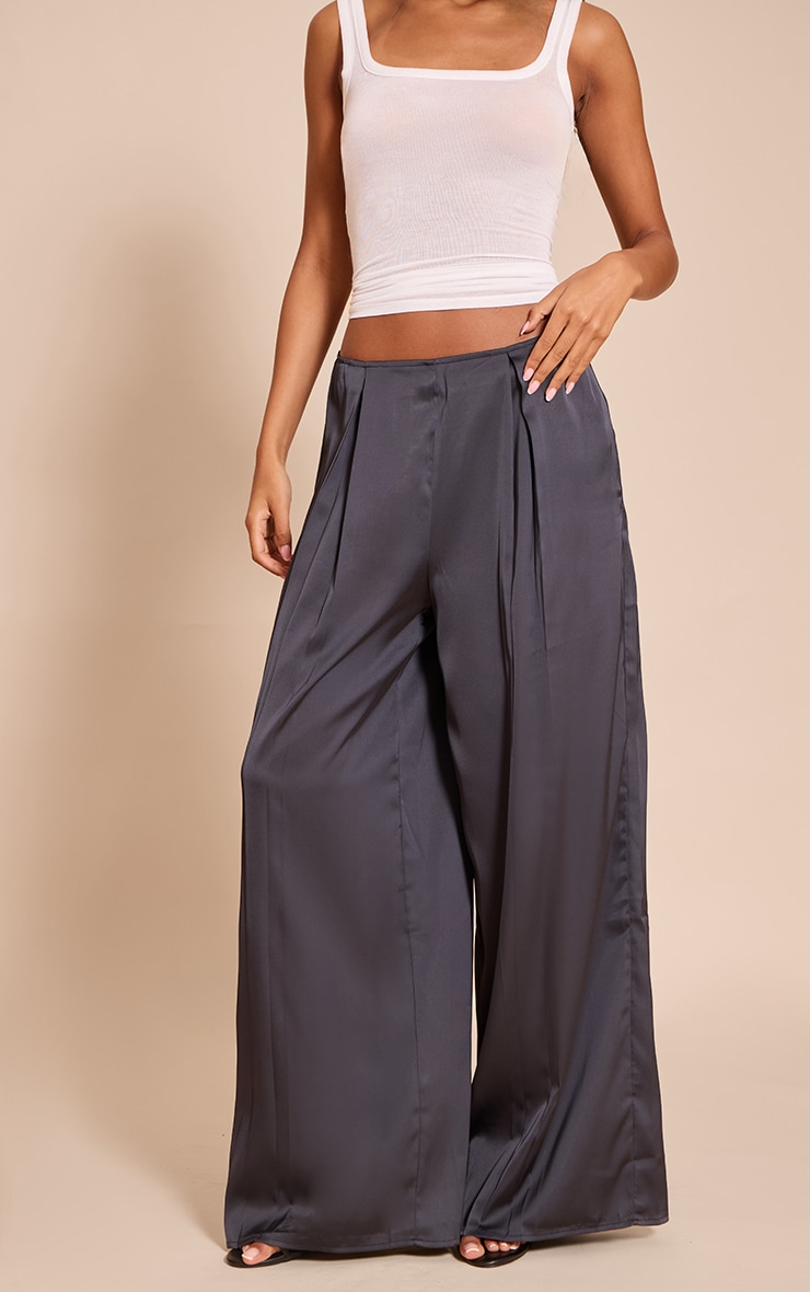 Tall Navy Pleated Satin Wide Leg Pants image 2