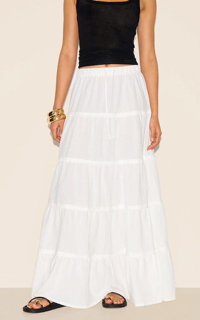 White Cotton Tiered Drawstring Waist Maxi Skirt