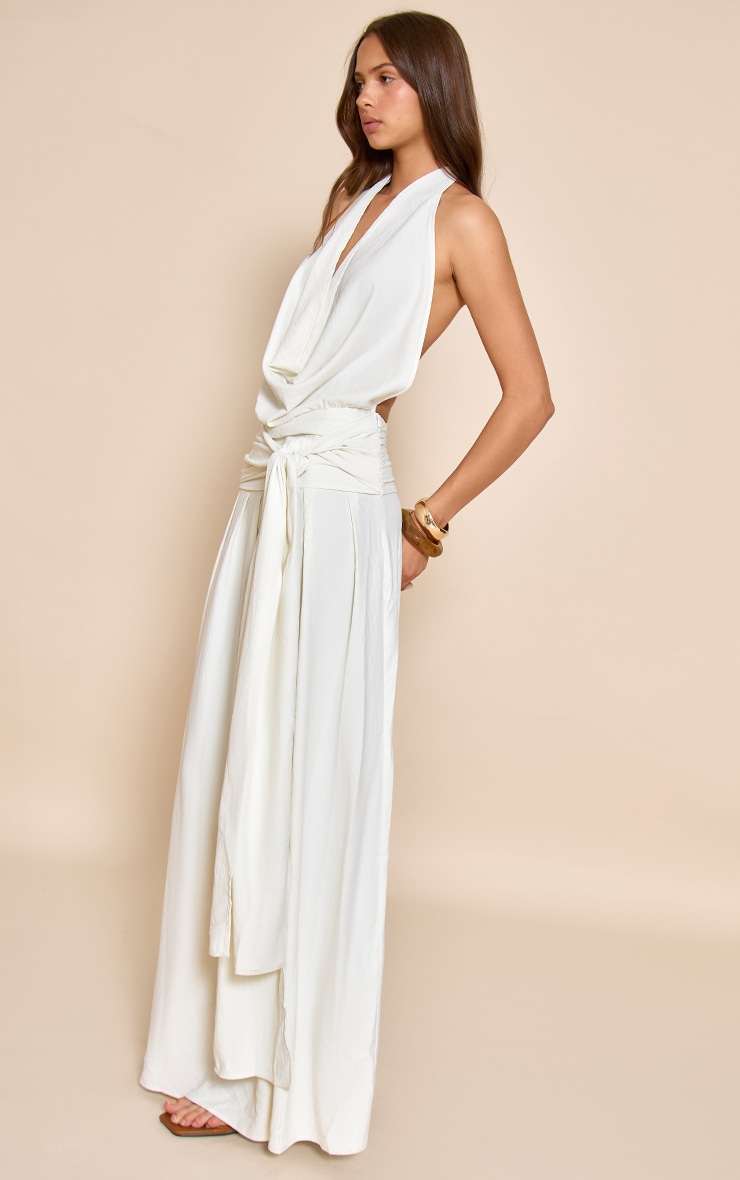 Robe longue fluide tissée crème à col bénitier et dos échancré image 3