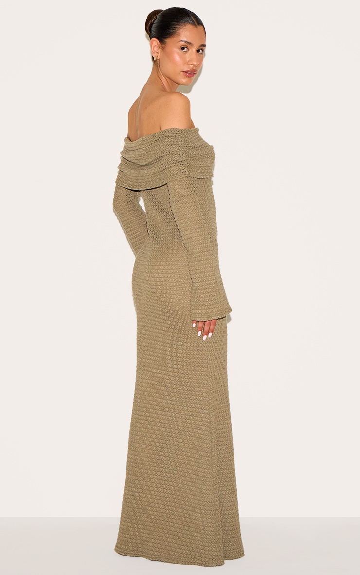 Tall Khaki Textured Extreme Bardot Long Sleeve Maxi Dress image 2