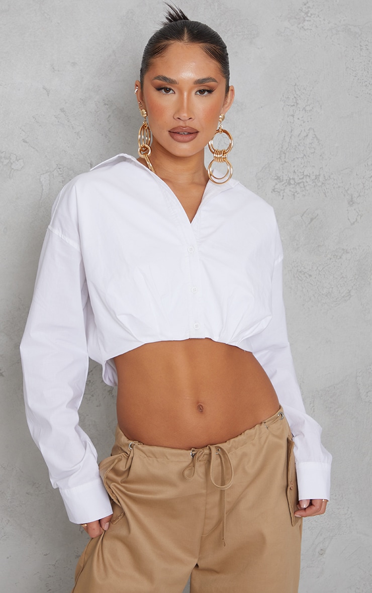 White Cotton Ruched Bust Crop Long Sleeve Shirt image 1