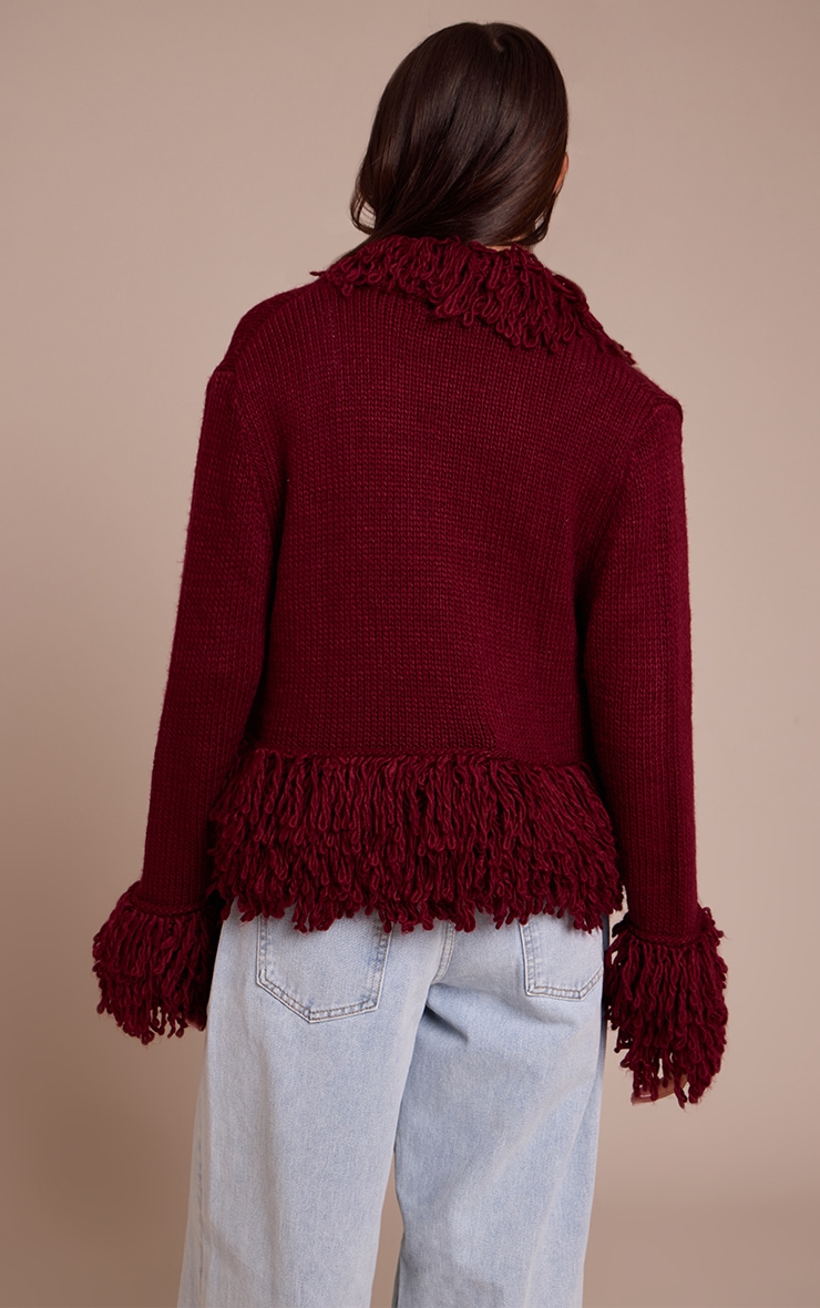 Cardigan en maille tricot bordeaux à bordures bouclées image 2