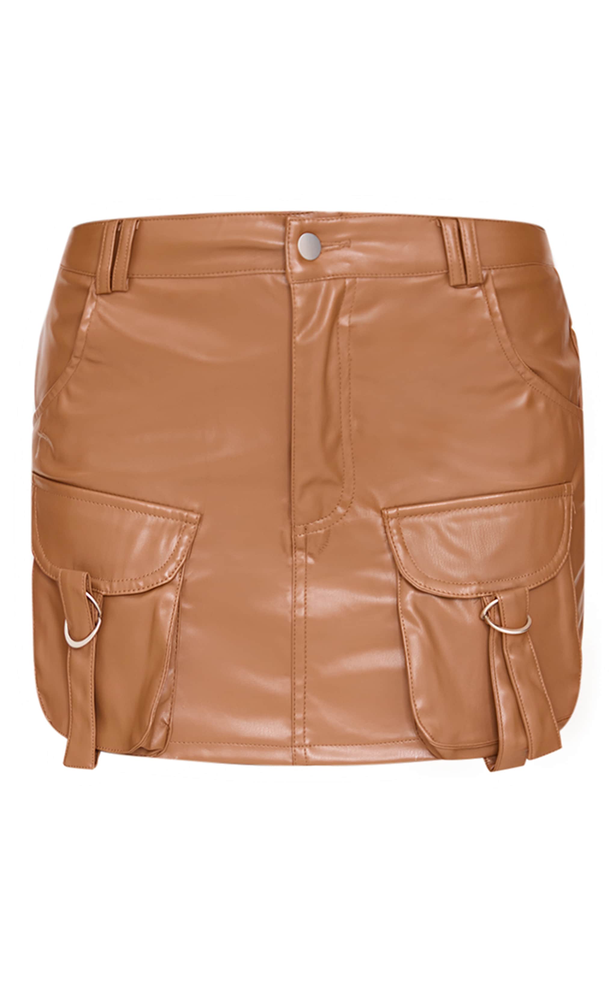 Brown Faux Leather Pocket Detail Cargo Mini Skirt image 6