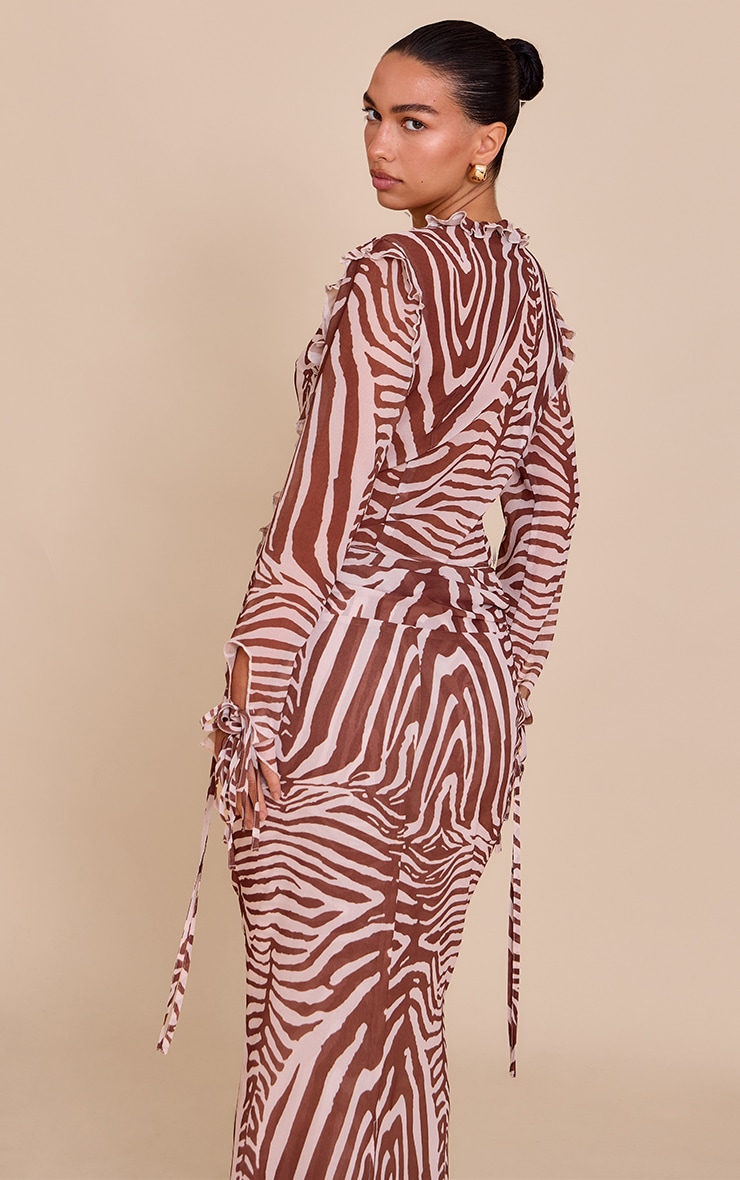 Brown Zebra Print Chiffon Ruffle Tie Front Blouse image 2