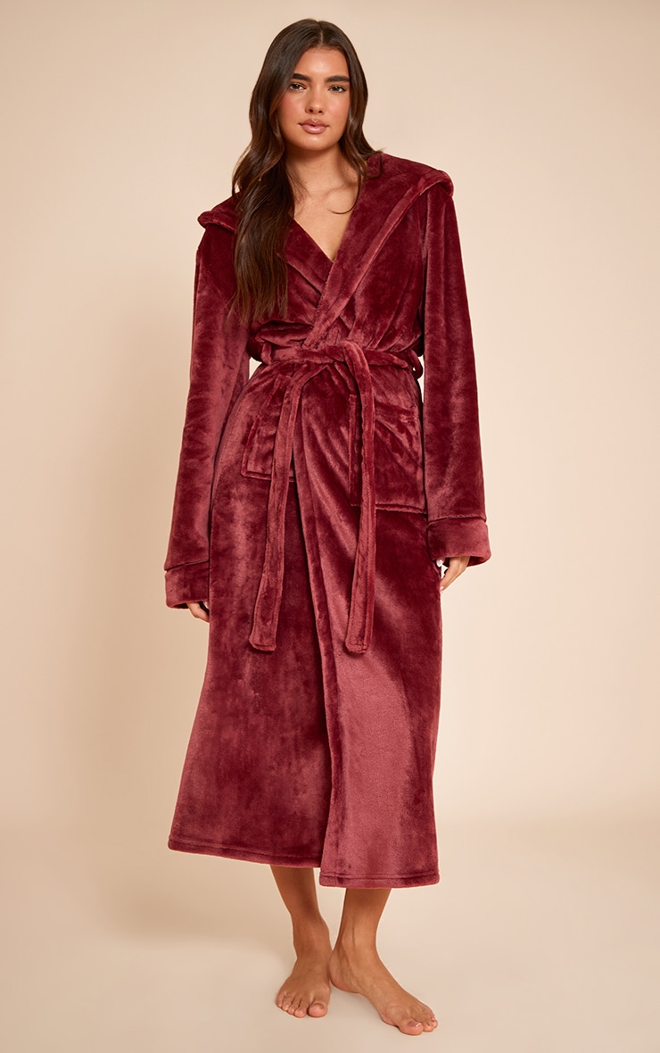 Burgundy Fleece Maxi Hooded Dressing Gown image 1