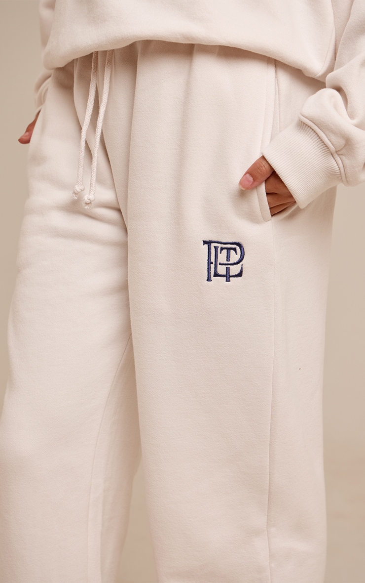 Cream PLT Embroidered Cotton Fleece Cuffed Sweat Pants image 4