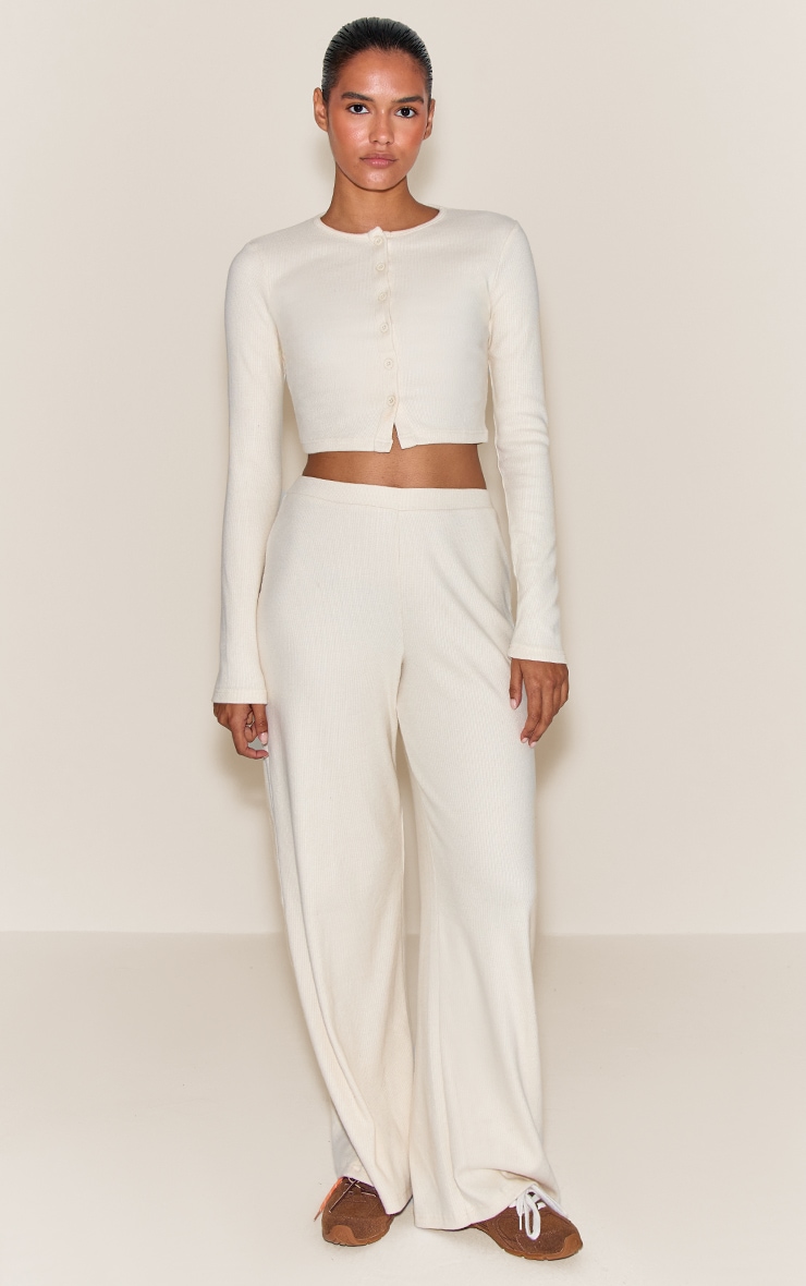 Pantalon large en maille tricot côtelée grattée crème image 1
