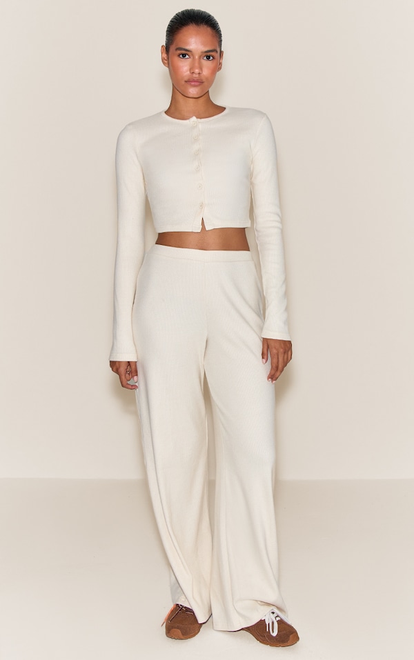 Cream Brushed Rib Wide Leg Pant