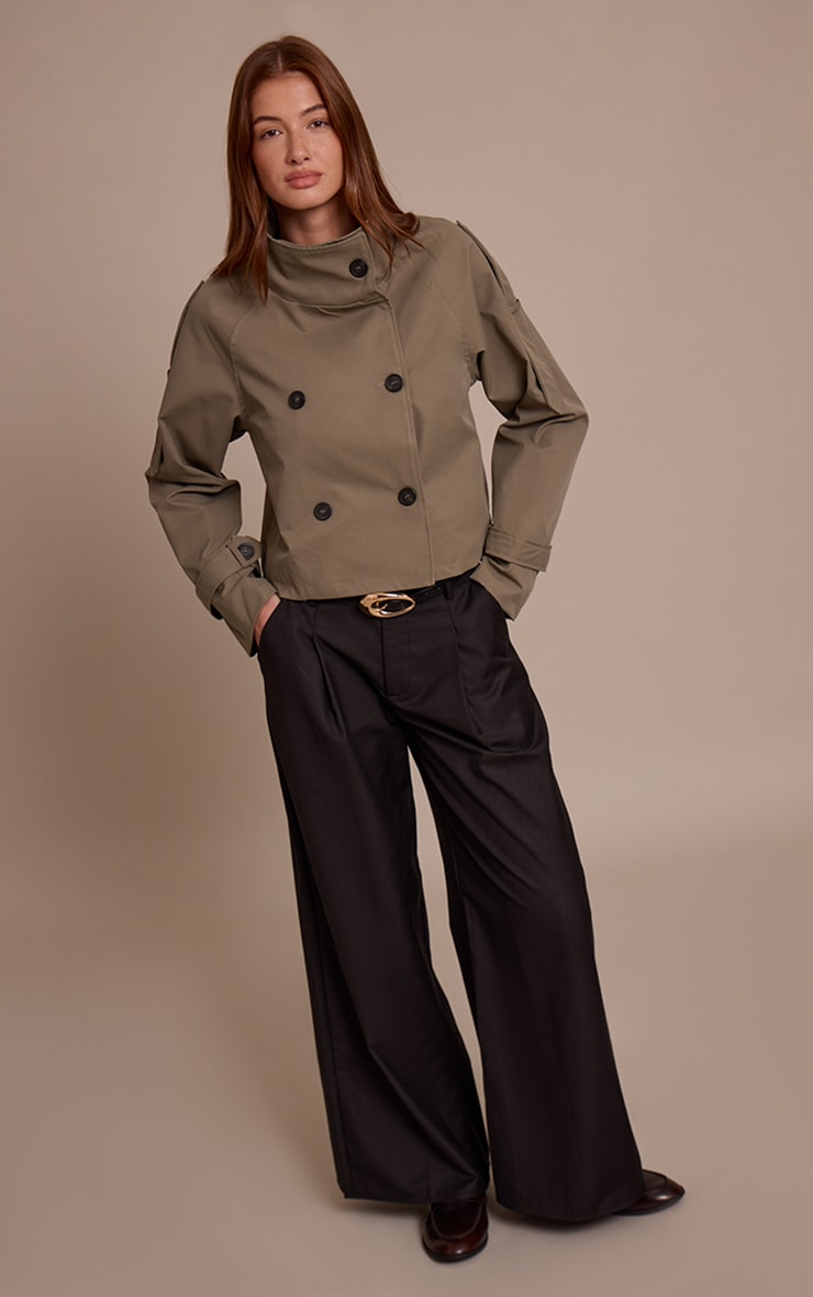 Olive Double Breasted Funnel Neck Cropped Trench Coat image 3
