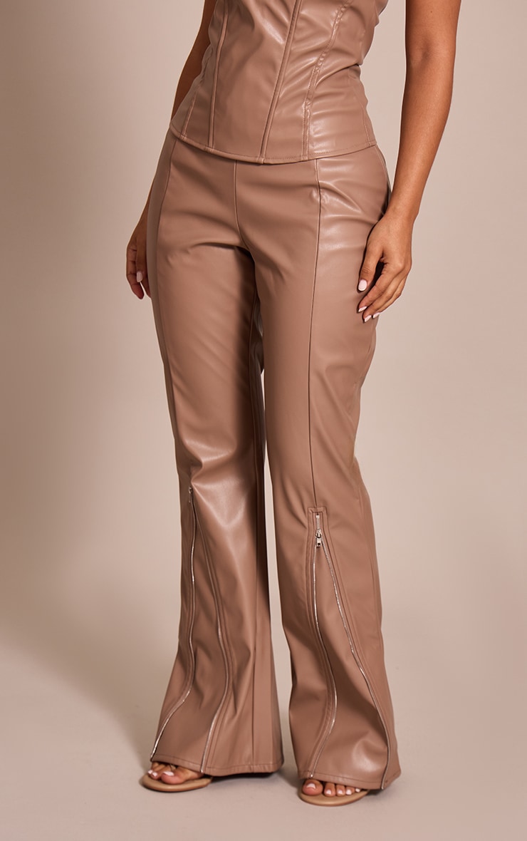 Petite Taupe Faux Leather Zip Detail Pants image 2