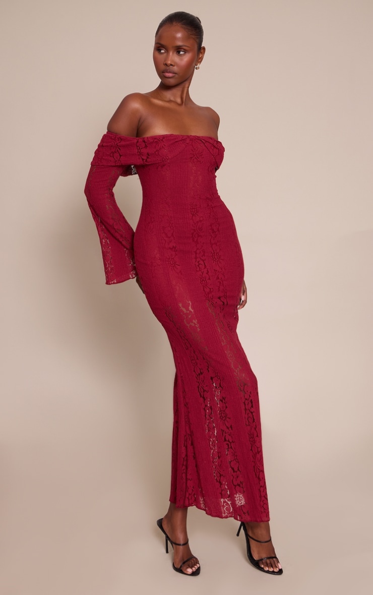 Burgundy Lace Fold Over Bandeau Maxi Dress image 3