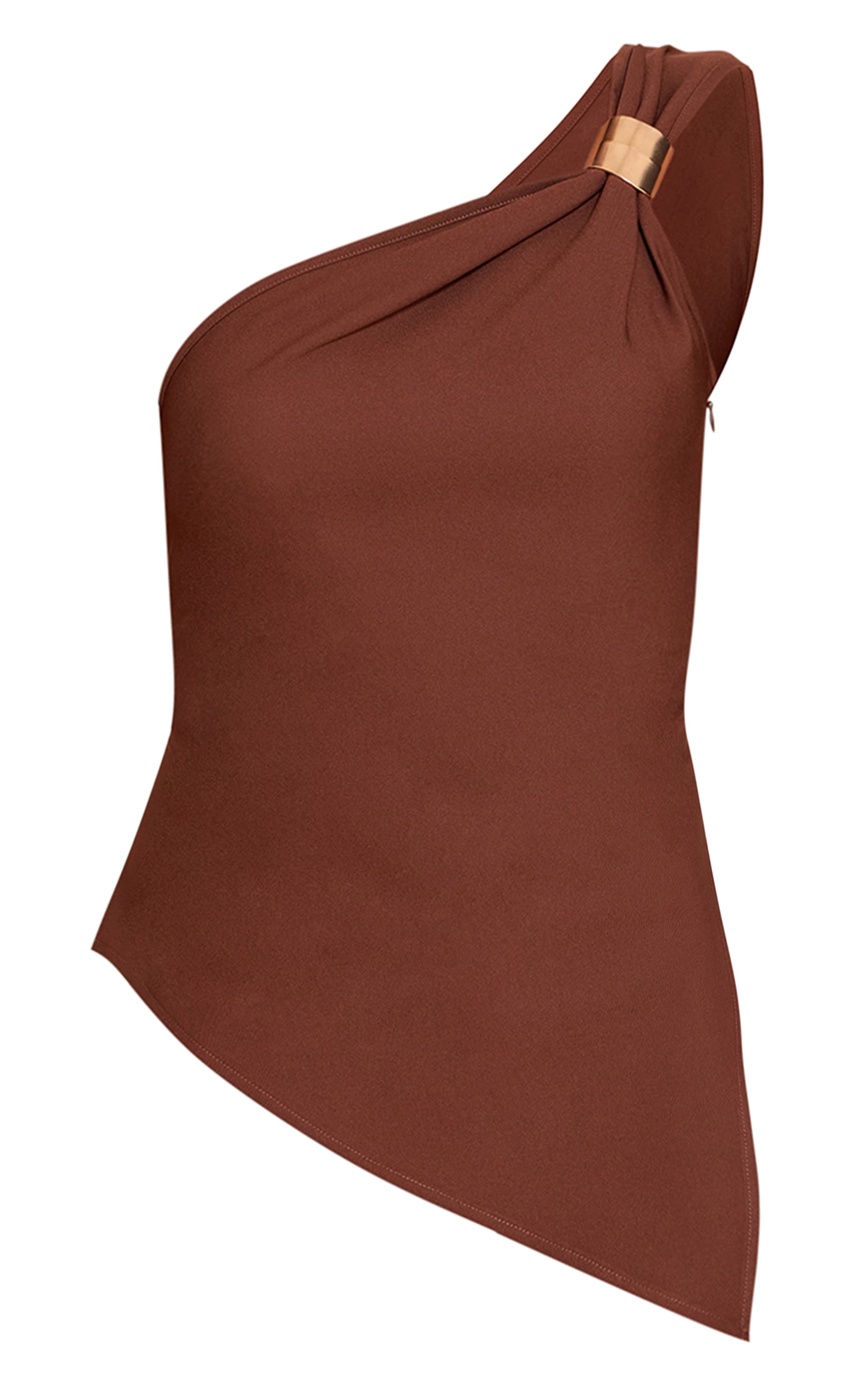 Dark Chocolate Asymmetric One Shoulder Trim Detail Long Top image 5