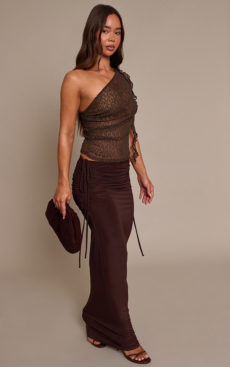 Chocolate Textured Lace Frill Drape Detail Asymmetric  Top image 3