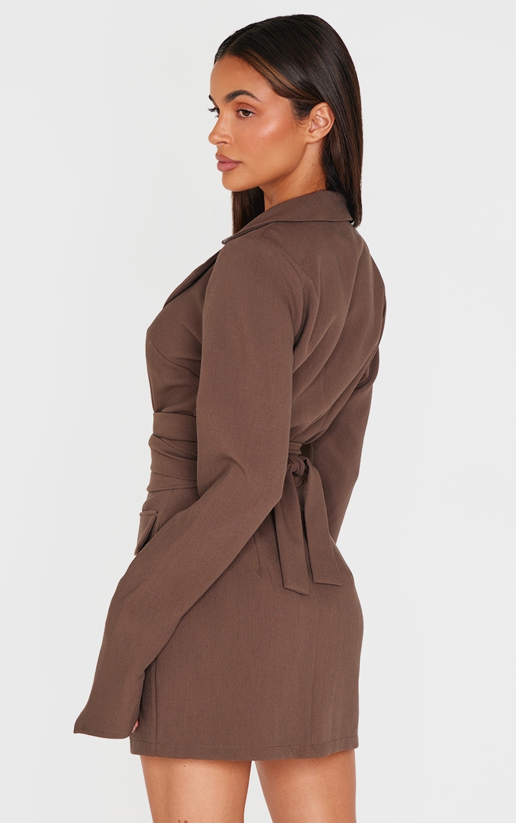 Chocolate Woven Wrap Belted Blazer Dress image 2