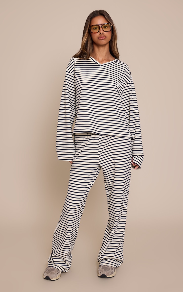 Petite Cream Stripe Soft Touch Cropped V Neck Top image 3