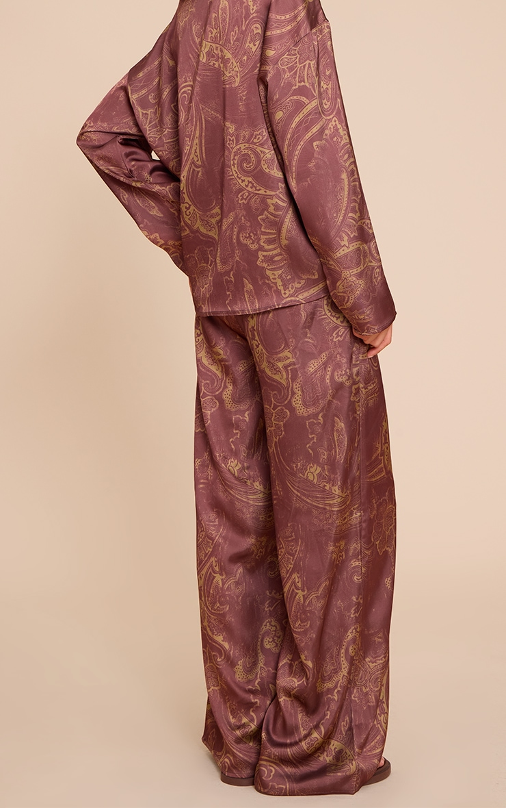Brown Paisley Printed Satin Wide Leg Pants image 3