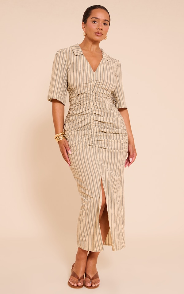 Shape STONE Striped Ruched Front Collared Split Front Maxi Dress