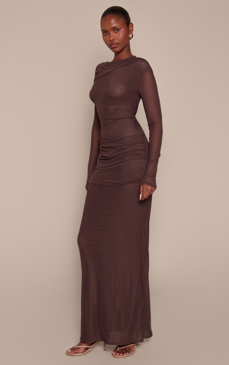Chocolate Mesh Long Sleeve Drape Maxi Dress image 3