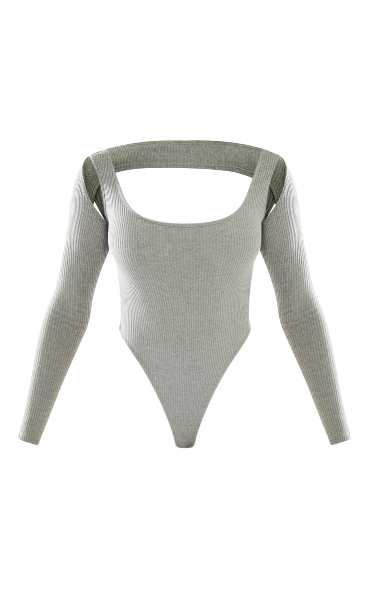 Steel Grey Rib Cut Out Shoulder Bodysuit image 5