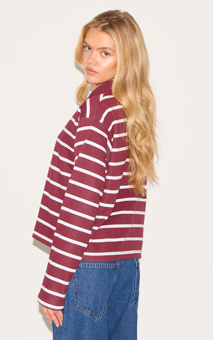 Burgundy Striped Cotton Long Sleeve Collared T Shirt image 2